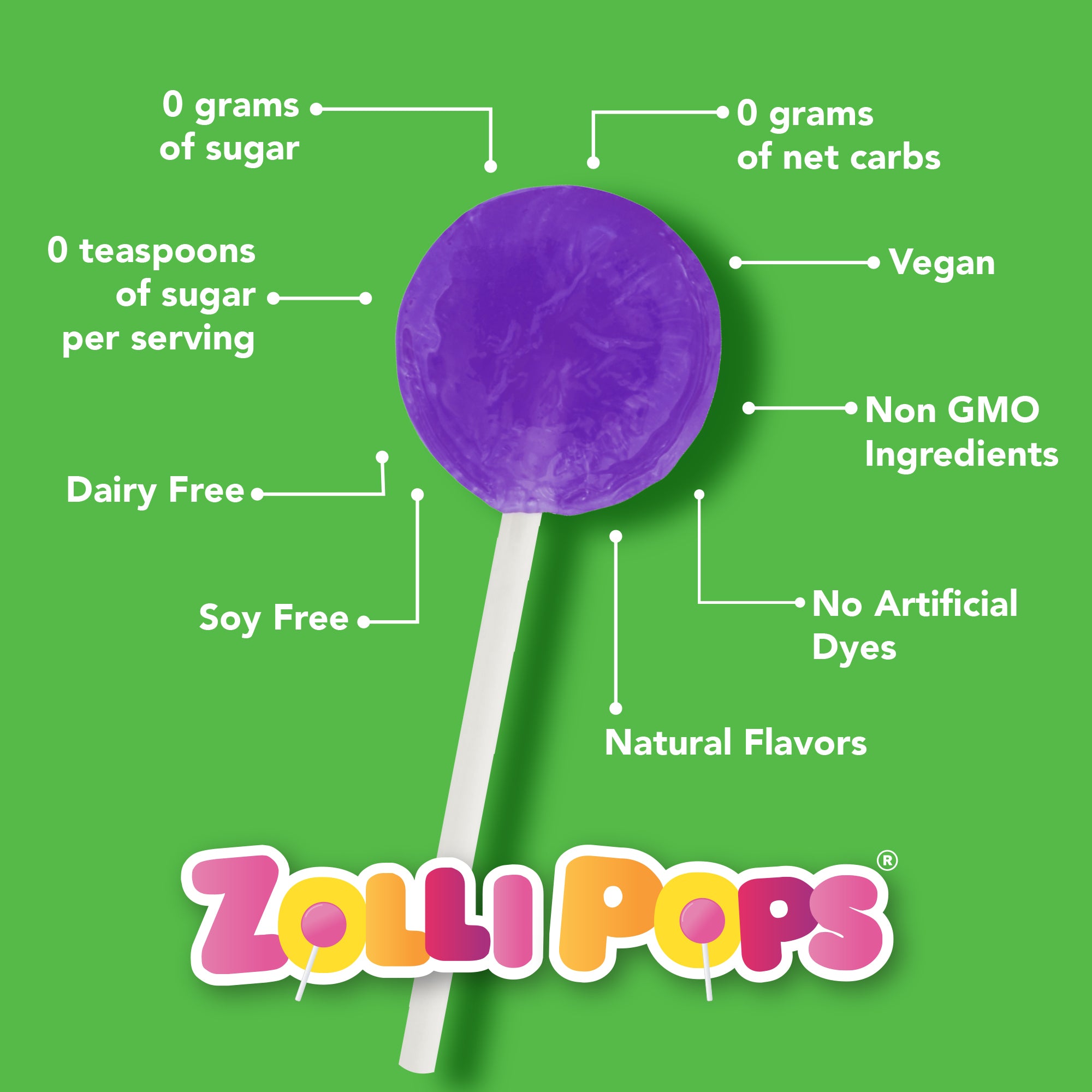 Zollipop Benefits. 0 Sugar. 0 Net Carbs. Vegan. Non GMO. Dairy Free. Soy Free. No Artificial Dyes. Natural Flavors.