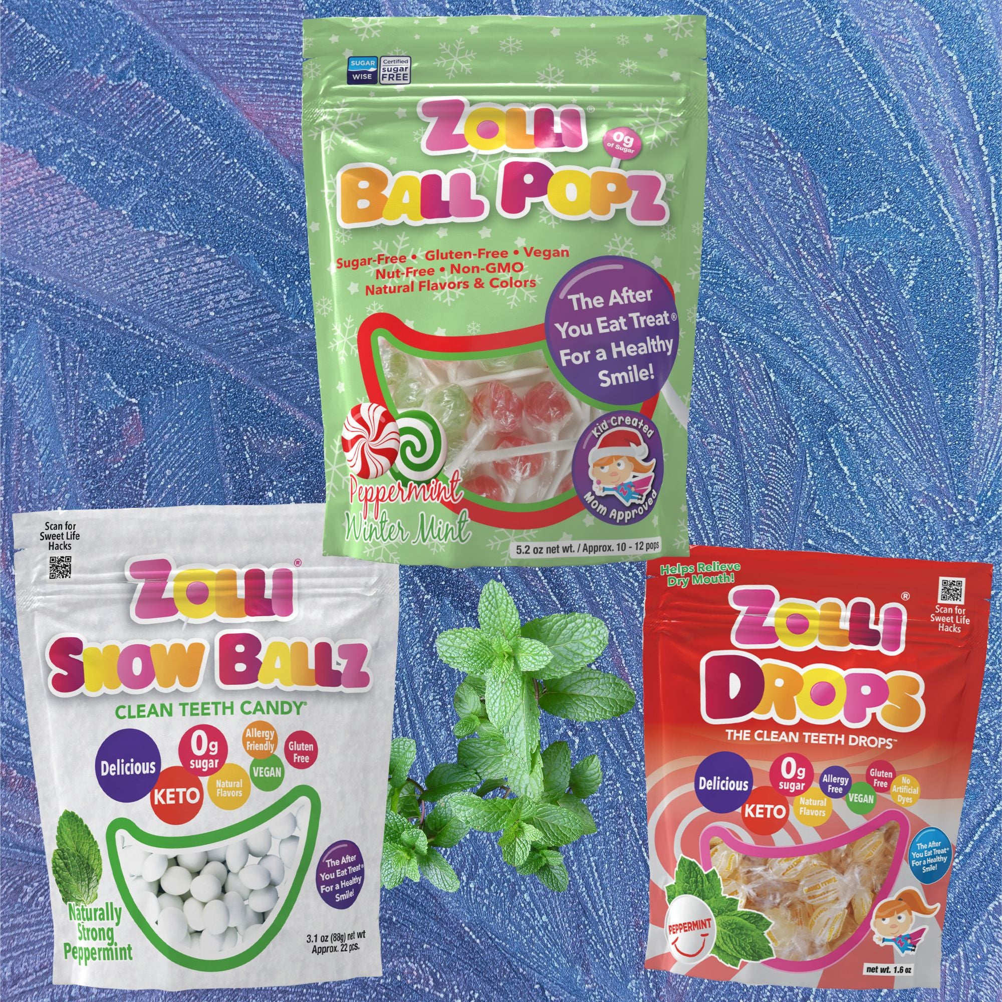 Zolli Peppermint Trio. Zolli Peppermint and Wintermint Ball Popz.  Zolli Peppermint Drops with Xylitol and Zolli Snow Ballz without Xylitol. Fresh Breath. Zero Sugar. Clean Teeth Candy.