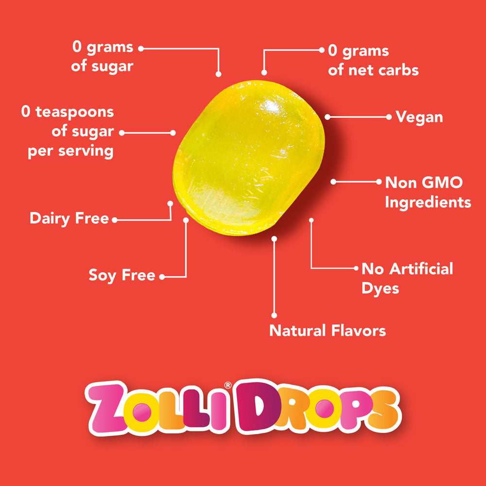 Zolli Drops have 0 grams of sugar, 0 grams of net carbs, are vegan, dairy free, soy free, non GMO, no artificial dyes, and have natural flavors.