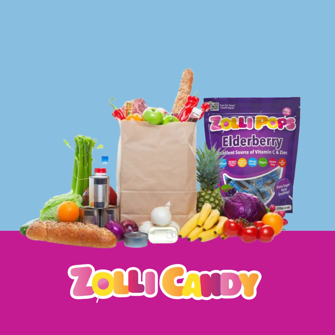 Groceries, in and out of a grocery bag, includes healthy foods and a bag of zollipops.
