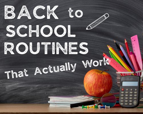 Chalkbooard, apple, calculator, and various school supplies.