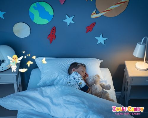 Child in bed and tooth fairy.