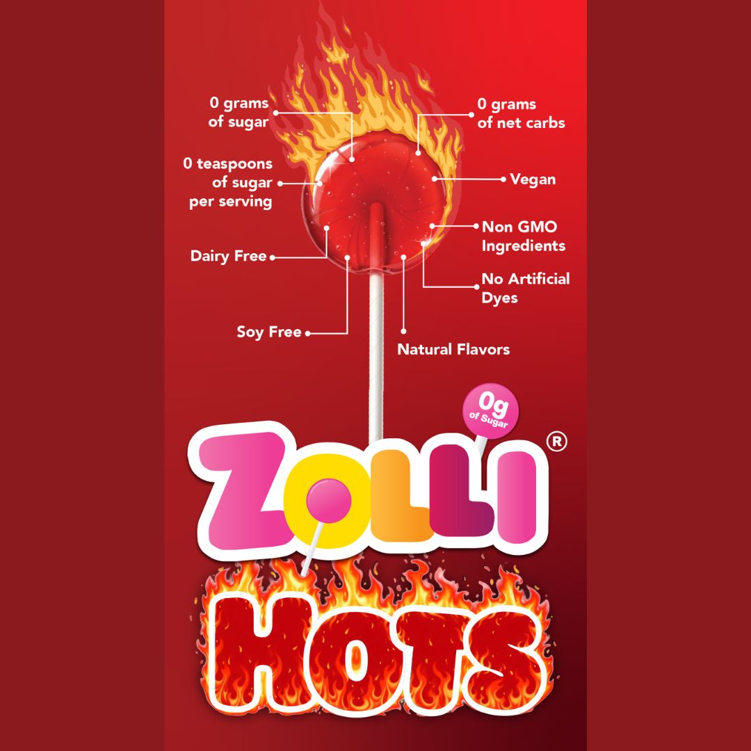 Zolli hots cinnamon lollipop graphic with zero sugar callouts.