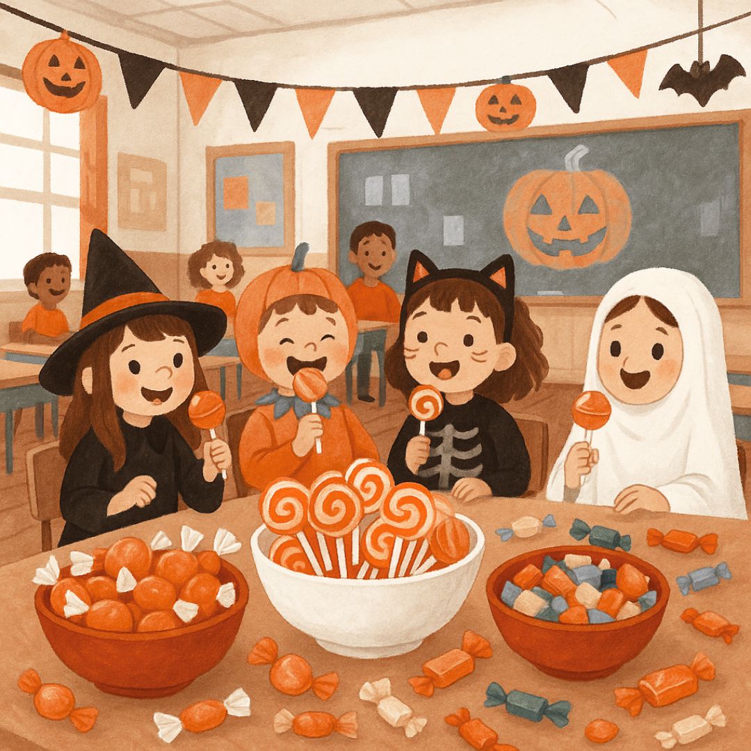 Halloween classroom party with kids in costume and candy.