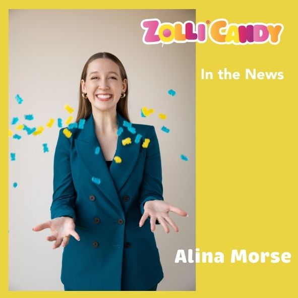 Alina Morse tossing gummy bears in the air.