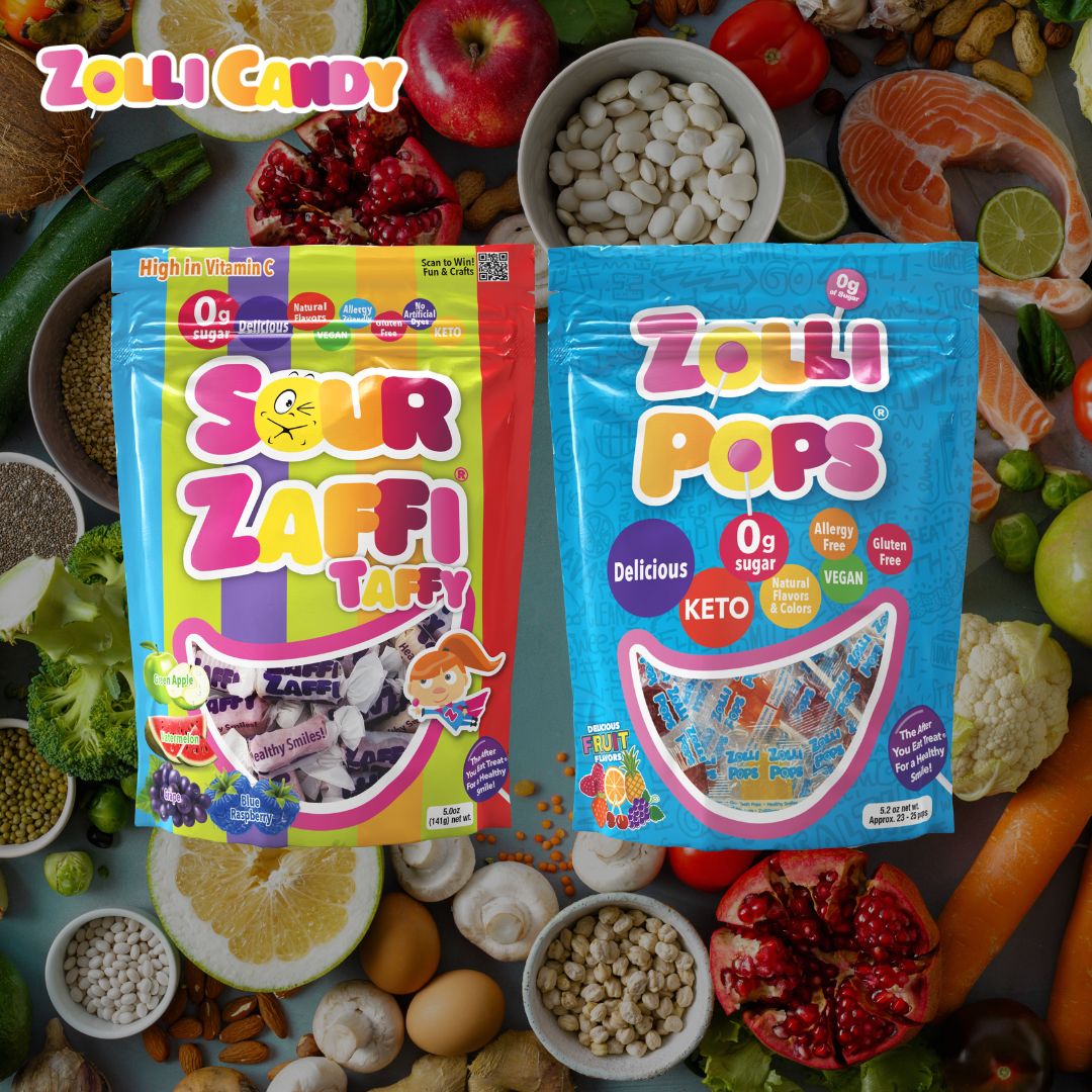 Bags of zolli candy along with a selection of healthy foods.