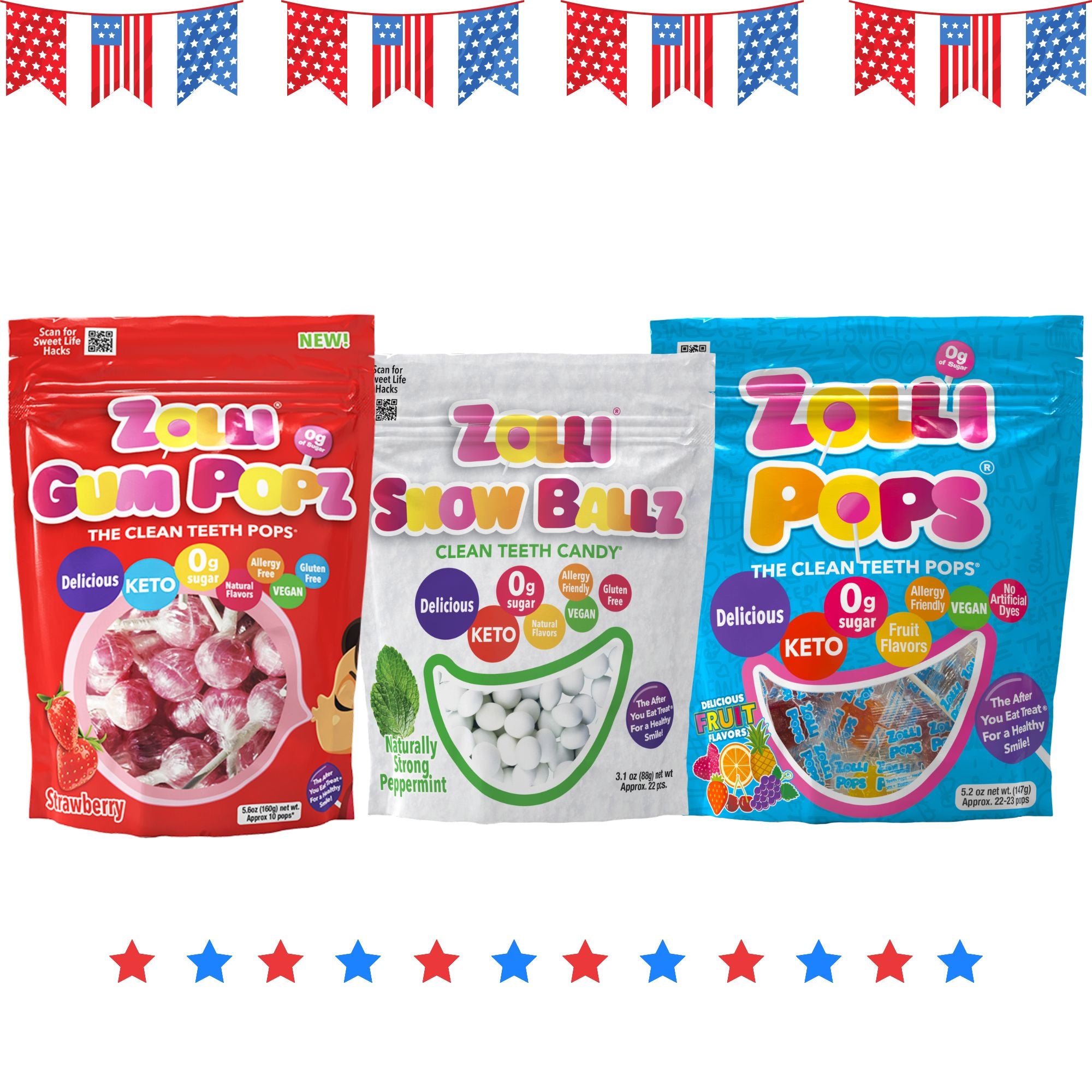 Three packages of Zollipops candy with a festive border of stars and flags.