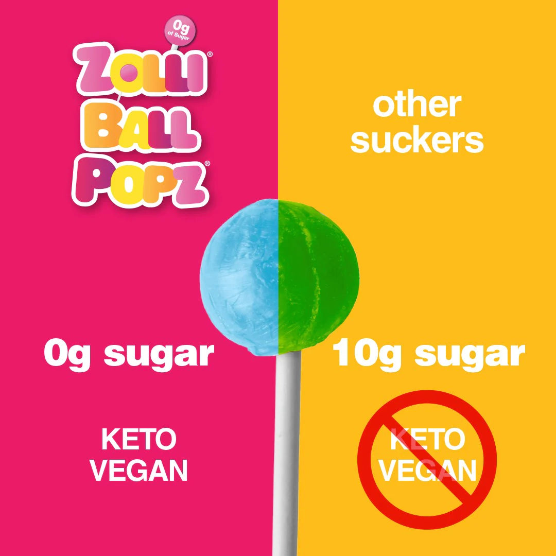 Zolli Ball Pops have Zero sugar. Zolli is Vegan and Keto friendly.