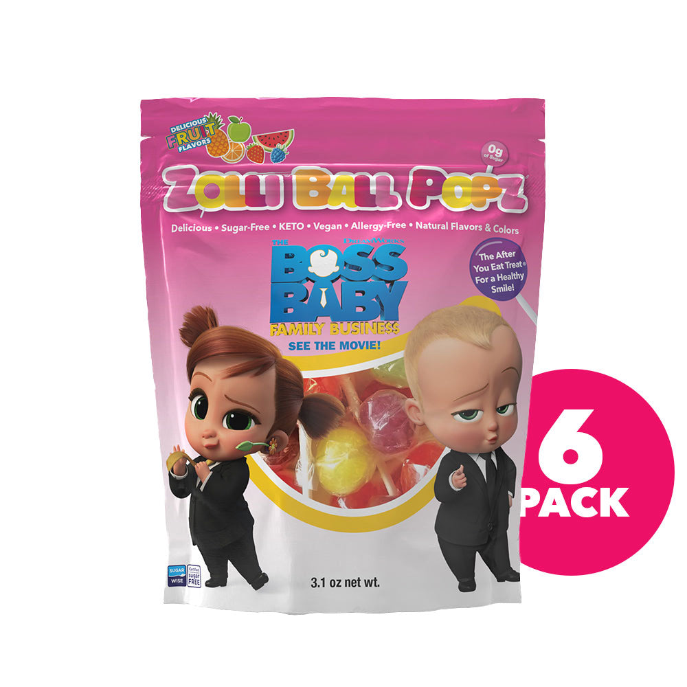 Limited edition 6 pack Boss Baby Zolli Ball Pops 3.1oz pack in Fruit Assortment of flavors.