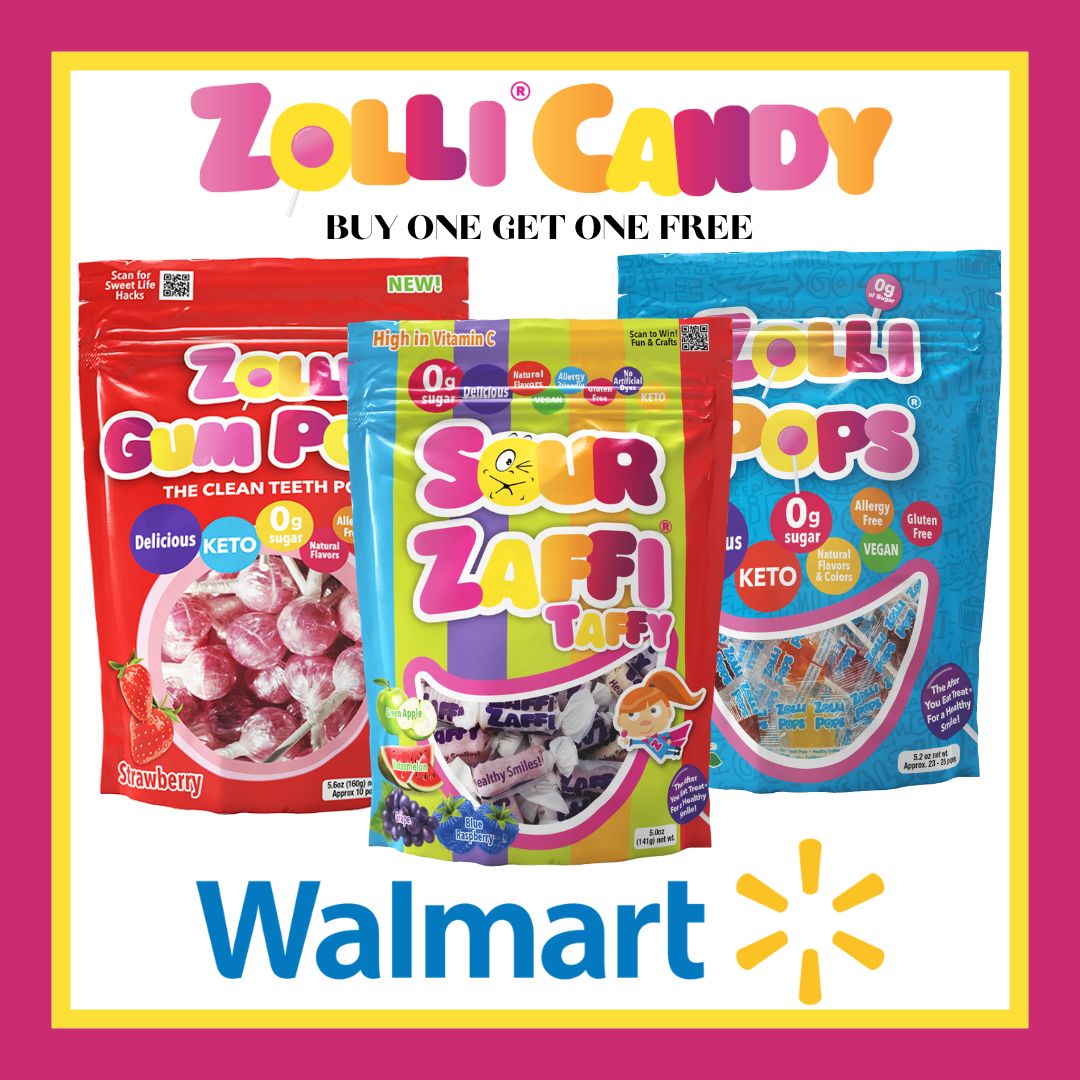 Zolli Candy packages including Gum Pops, Sour Zaffi Taffy, and Zolli Pops with Walmart branding on a pink background.