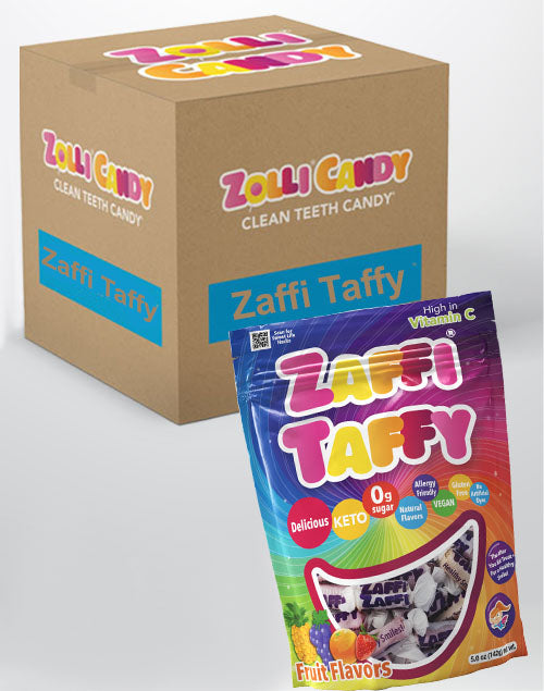 Zaffi Taffy 24 5oz bags in assorted fruit flavors.