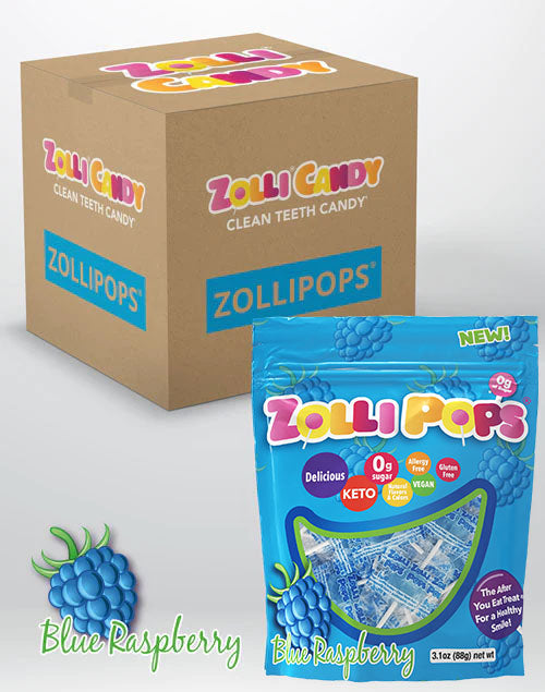 Zollipops 24 count bulk case of 3.1oz bags in Blue Raspberry flavor.