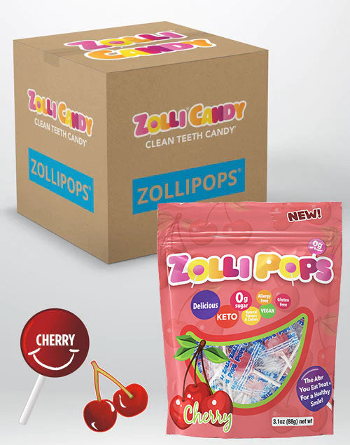 Zollipops 24 count bulk case of 3.1oz bags in Cherry flavor.