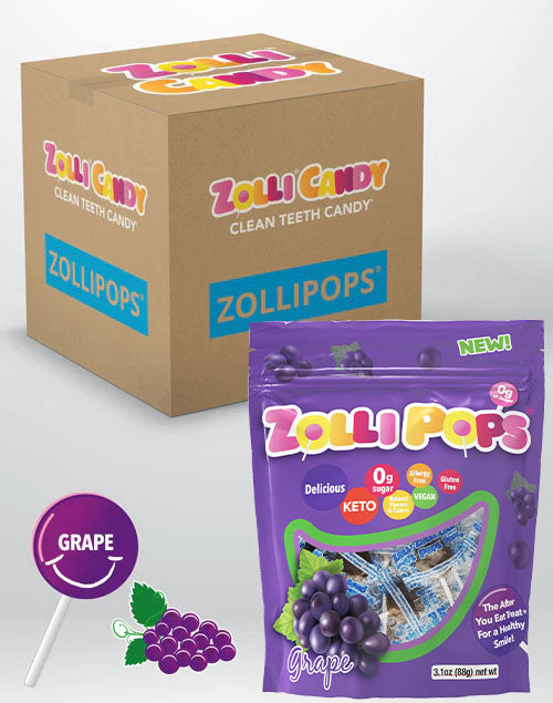 Zollipops 24 count bulk case of 3.1oz bags in Grape flavor.