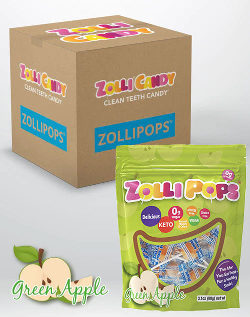 Zollipops 24 count bulk case of 3.1oz bags in Green Apple flavor.