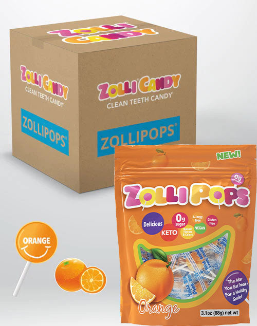 Zollipops 24 count bulk case of 3.1oz bags in Orange flavor.