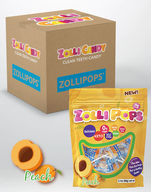 Zollipops 24 count bulk case of 3.1oz bags in Peach flavor.