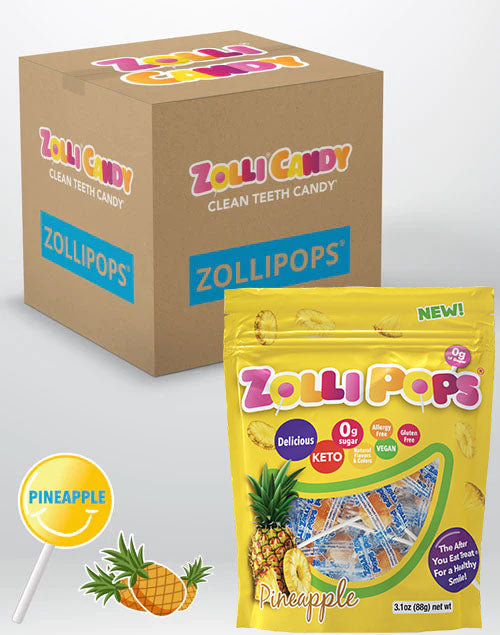 Zollipops 24 count bulk case of 3.1oz bags in Pineapple flavor.