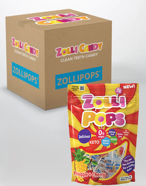 Zollipops 24 count bulk case of 5.2oz bags in Cherry Pineapple flavors.