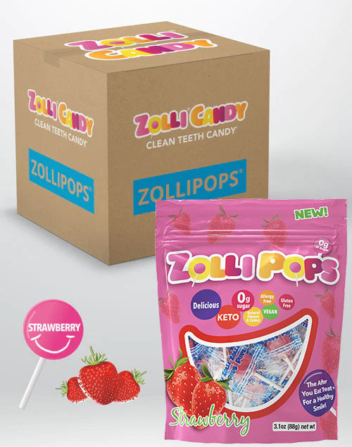 Zollipops 24 count bulk case of 3.1oz bags in Strawberry flavor.