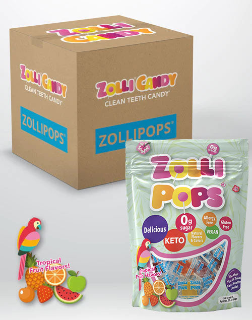 Zollipops 24 count bulk case of 5.2oz bags in Tropical Assortment of flavors.