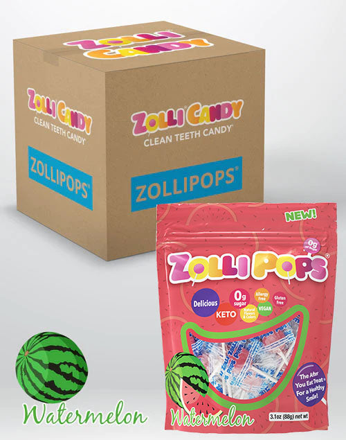 Zollipops 24 count bulk case of 3.1oz bags in Watermelon flavor.