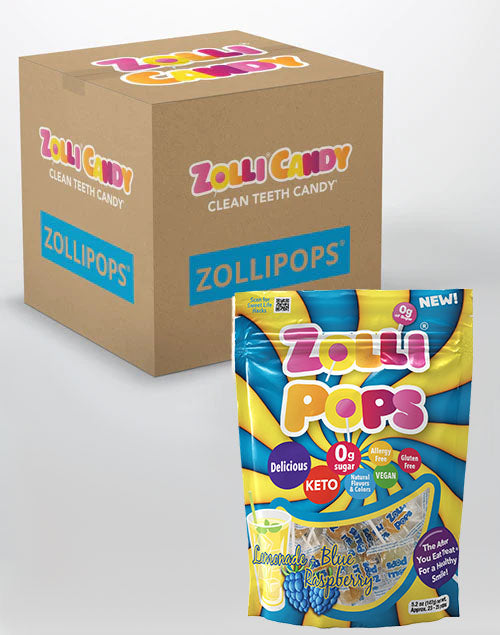 Zollipops 24 count bulk case of 5.2oz bags in Lemonade and Blue Raspberry flavors.