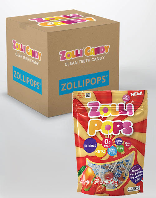 Zollipops 24 count bulk case of 5.2oz bags in Mango Strawberry flavors.