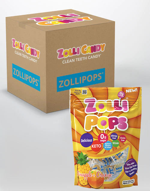 Zollipops 24 count bulk case of 5.2oz bags in Pineapple Orange flavors.