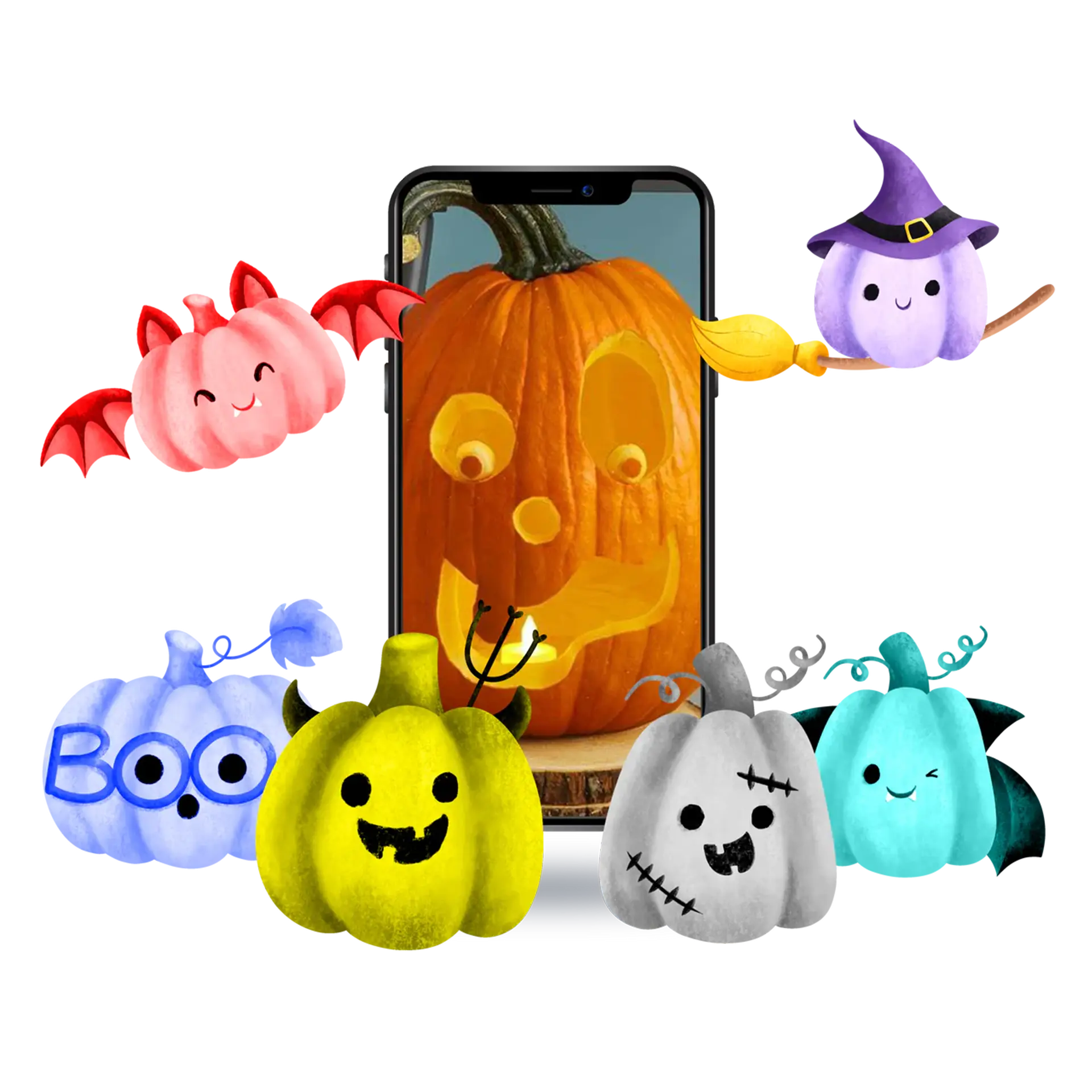 Cell phone with jack-o-lantern face, surrounded by colorful pumpkins.