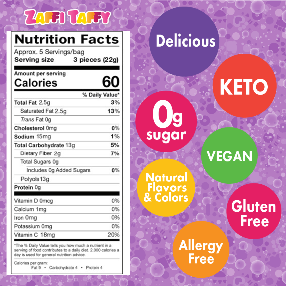 Nutritional label for Zaffi Taffy. 3 pieces have 60 calories and zero sugar.