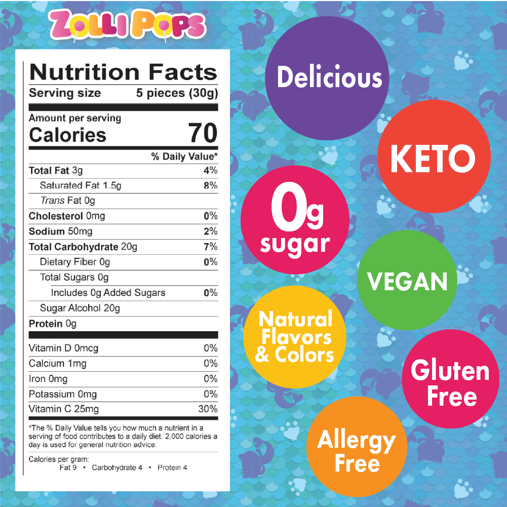 Nutritional label for Zollipops. 5 pops have 70 calories and zero sugar.