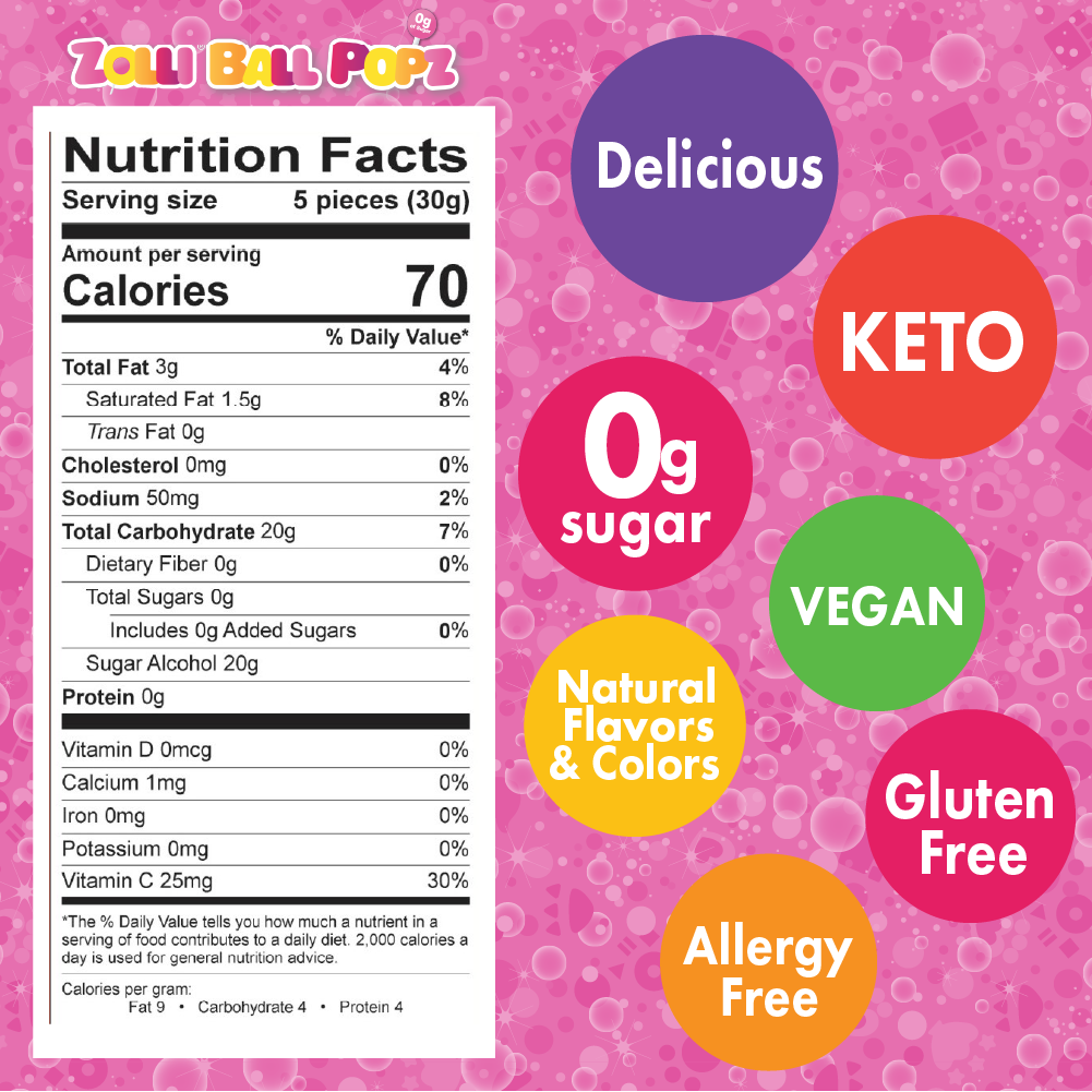 Nutritional label for Zolli Ball Popz. 5 pops have 70 calories and zero sugar.