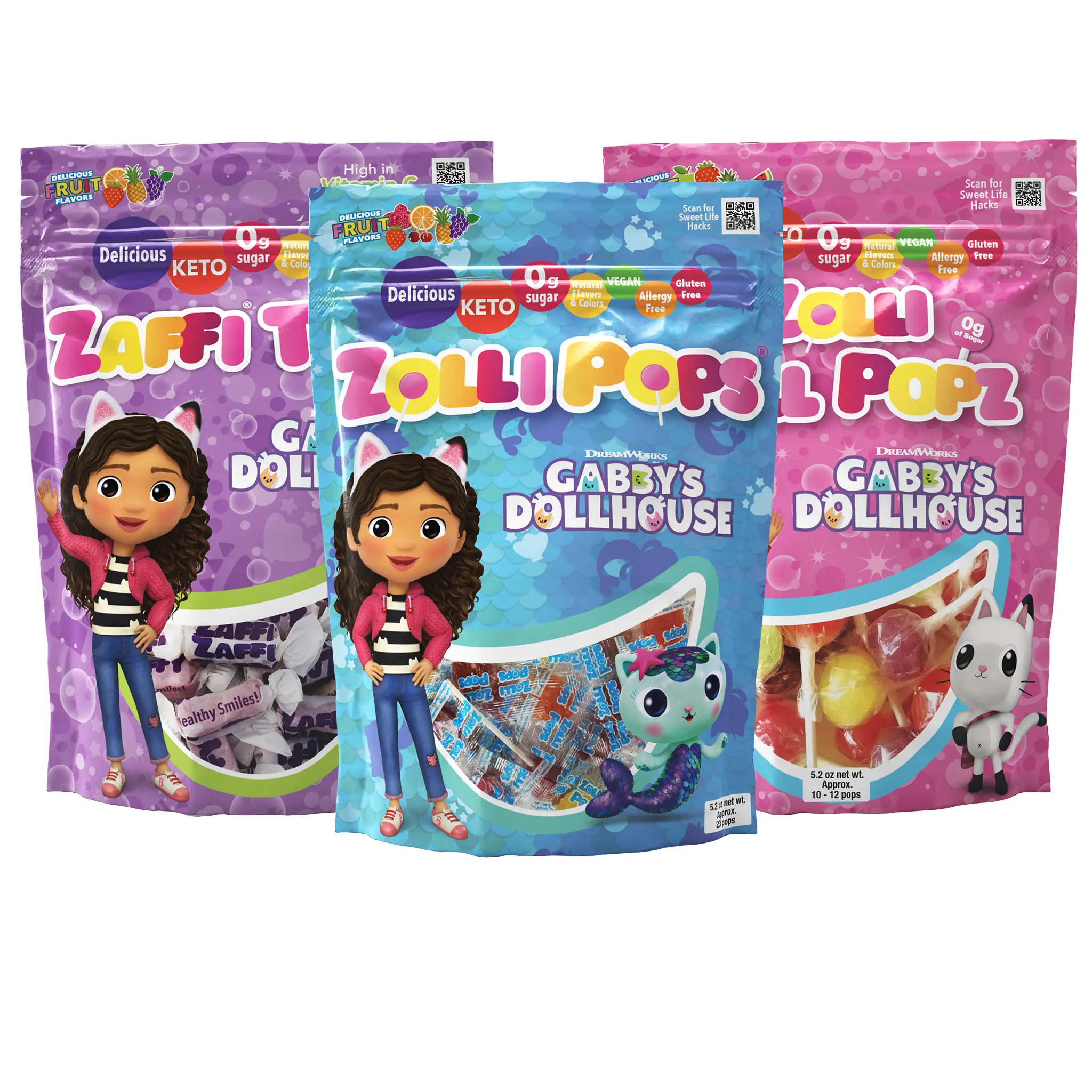 Limited edition Gabby's Dollhouse bundle with Zaffi Taffy, Zollipops, and Zolli Ball Popz in Assorted Fruit Flavor.