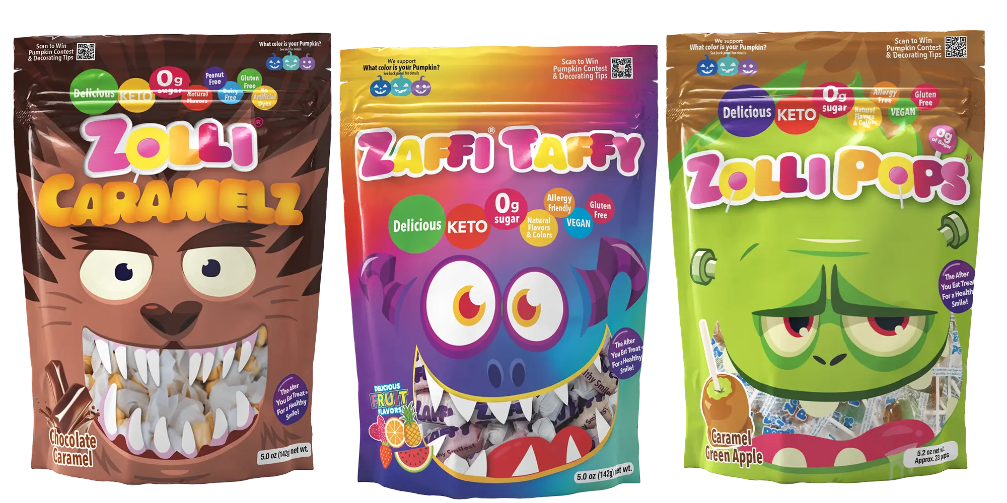 Three colorful candy packages featuring Zolli Caramelz, Zaffi Taffy, and Zolli Pops with playful monster-themed designs