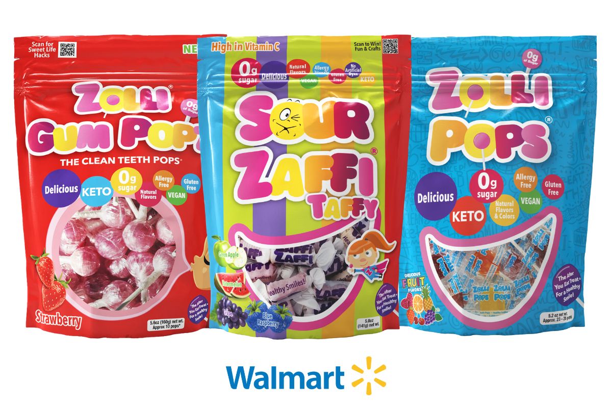 Three Zolli Candy packages with colorful designs and text, featuring the Walmart logo.