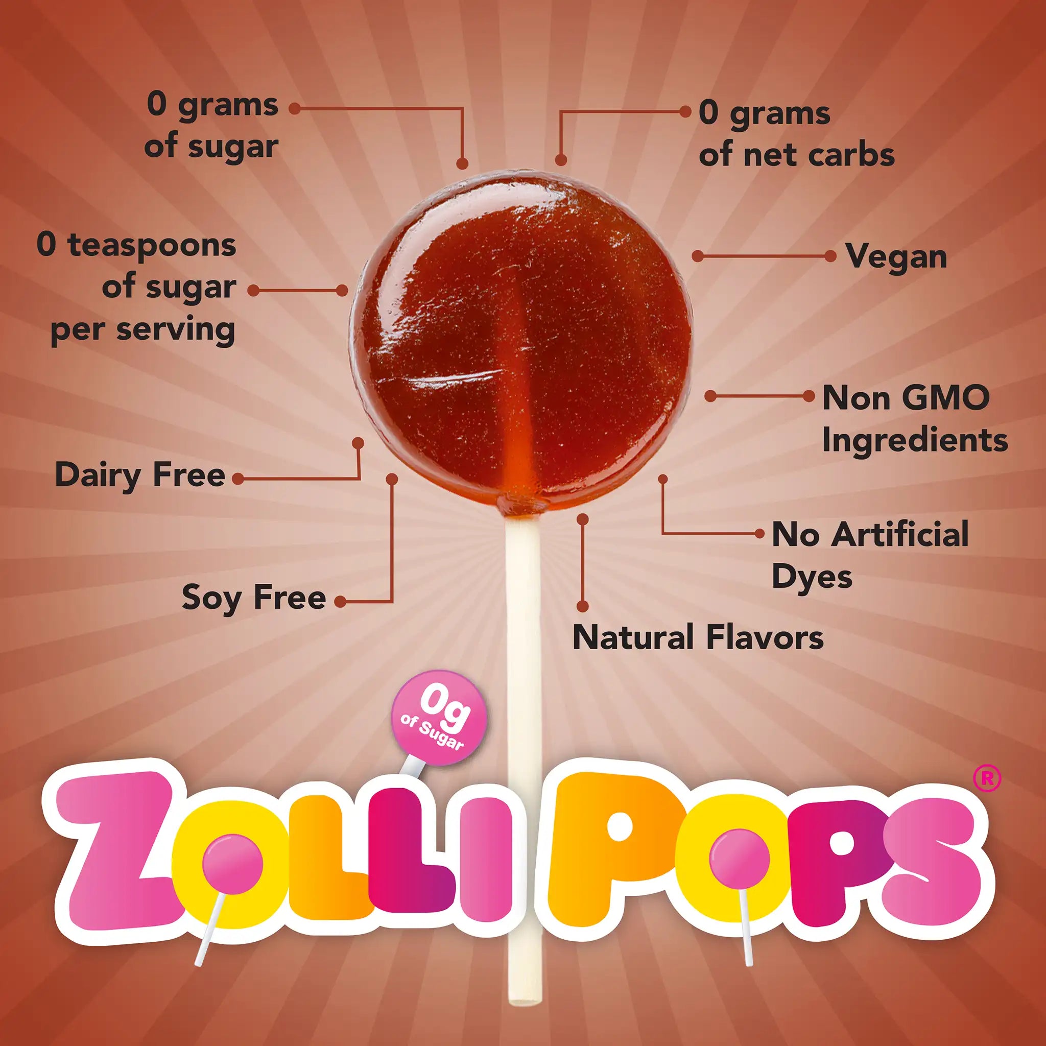 Zolli Pops lollipop with health benefits listed on a brown background