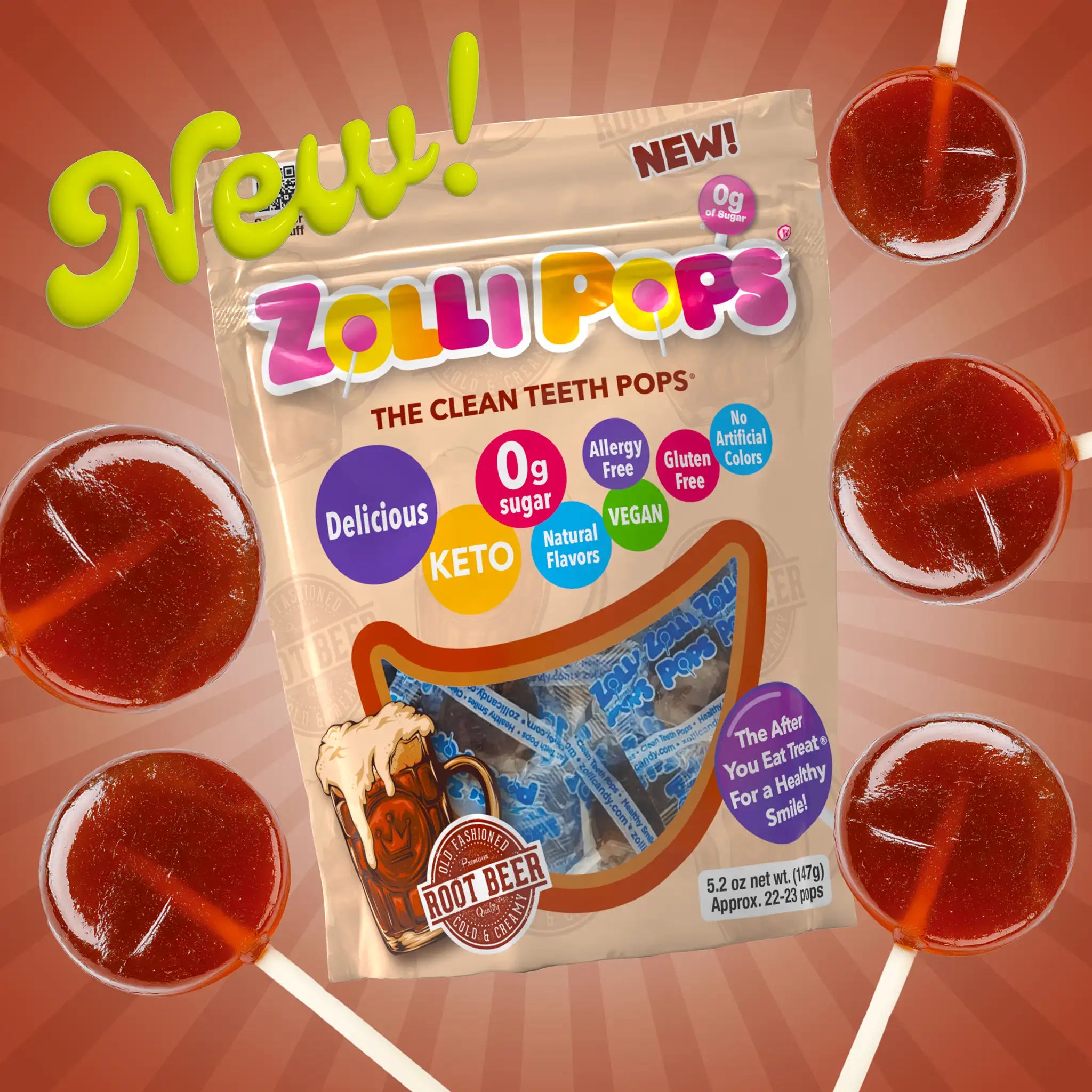 Zollipops packaging with lollipops on a red background