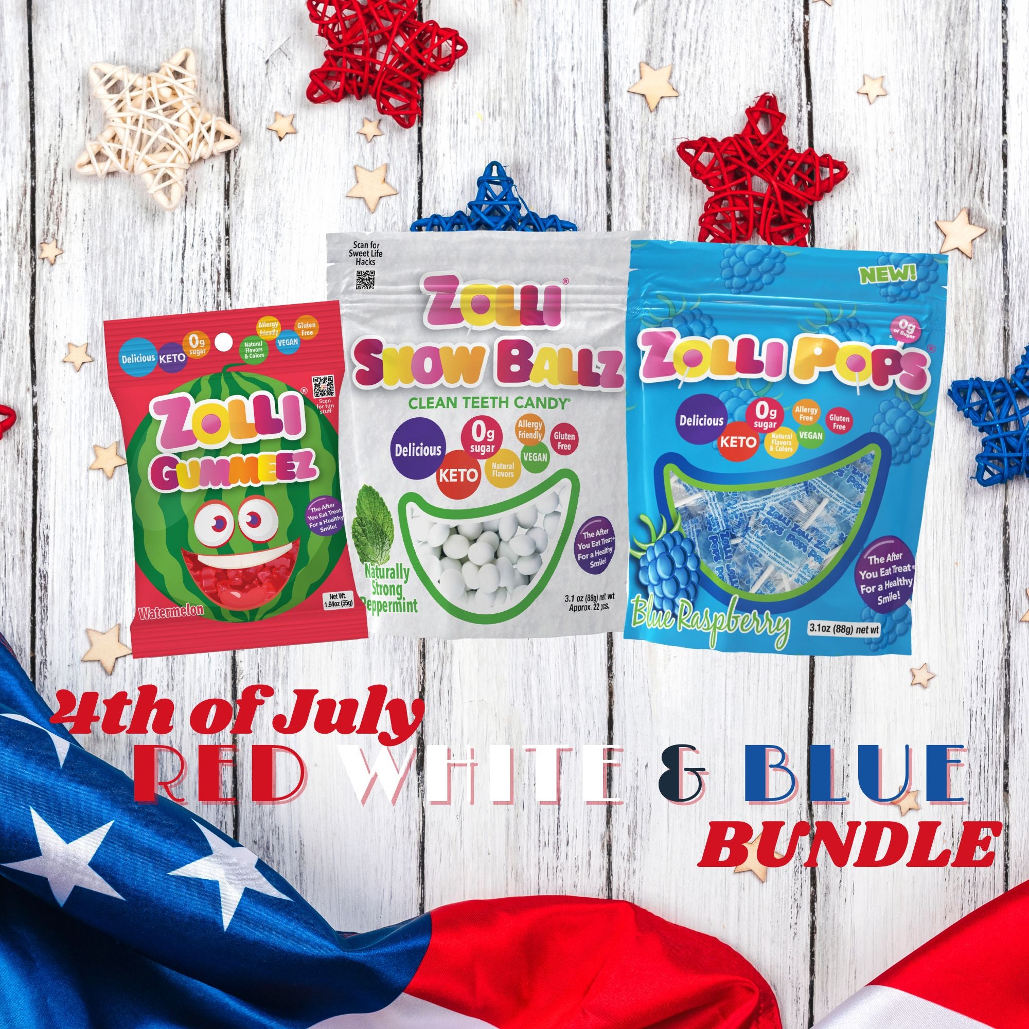 Red, White, & Blue savings bundle with Blue Raspberry Zollipops, Peppermint Zolli Snow Balls, and Watermelon Zolli Gummies.