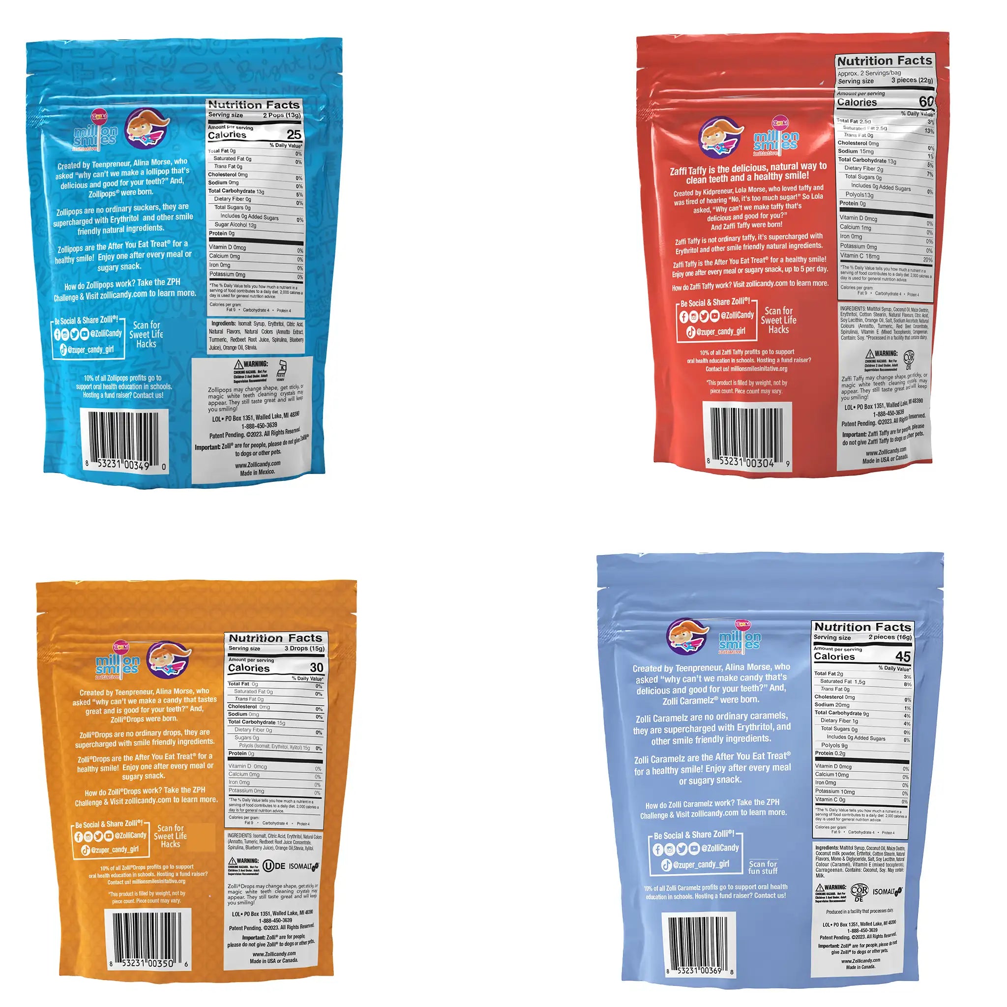 Four different colored packages with nutrition labels on a white background