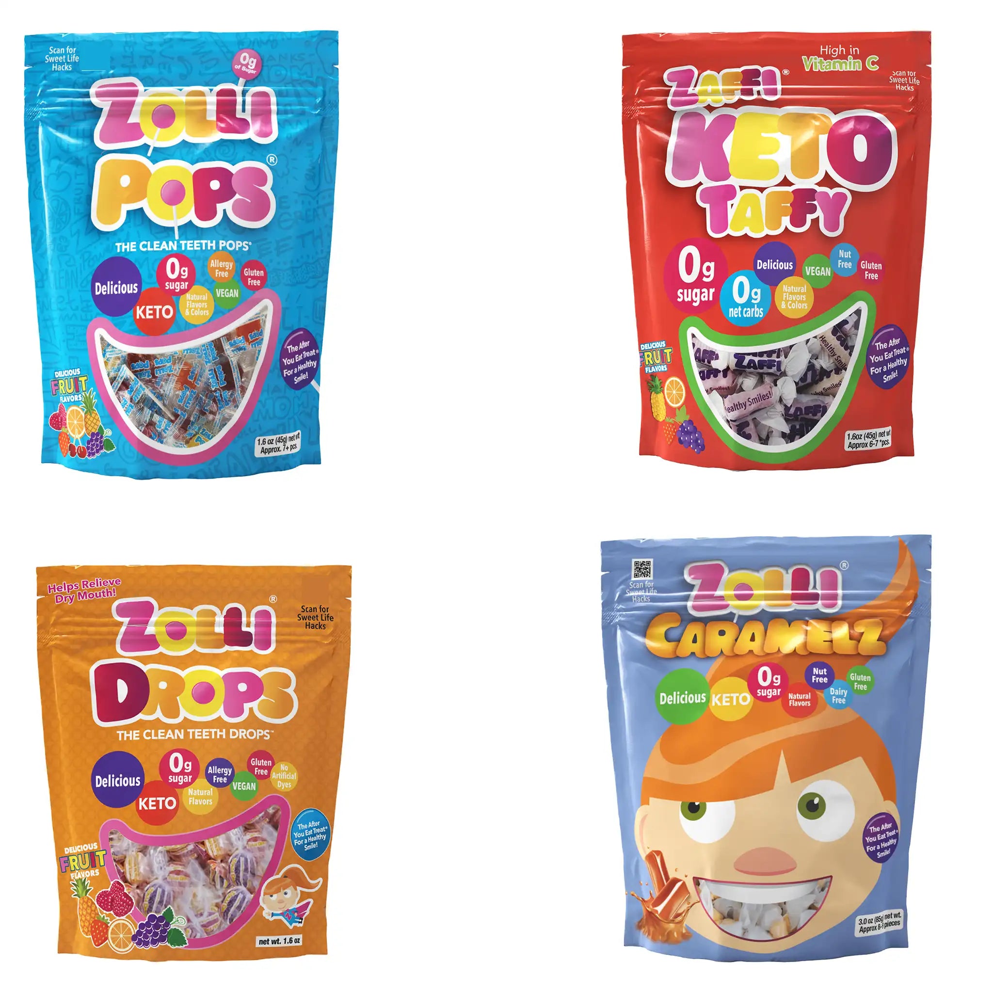 Four packages of Zollipops candy in different flavors on a white background