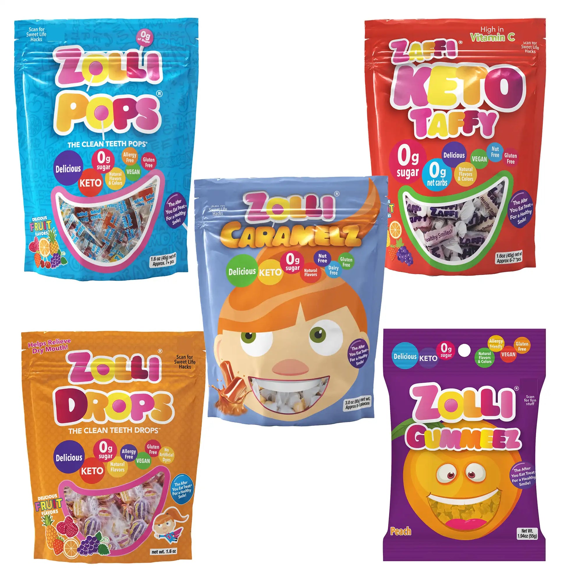 Five packages of Zollipops candy in different flavors on a white background