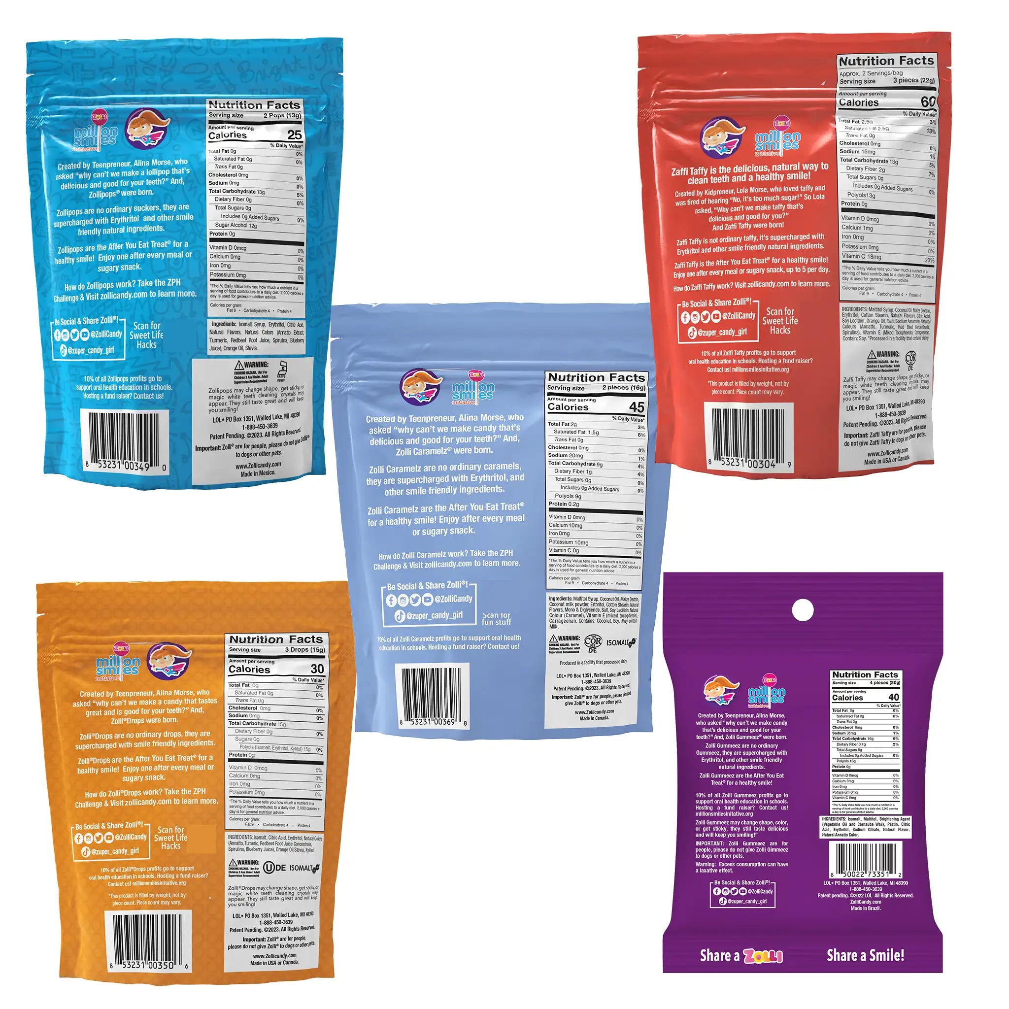 Five colorful snack packages with nutrition labels on a white background