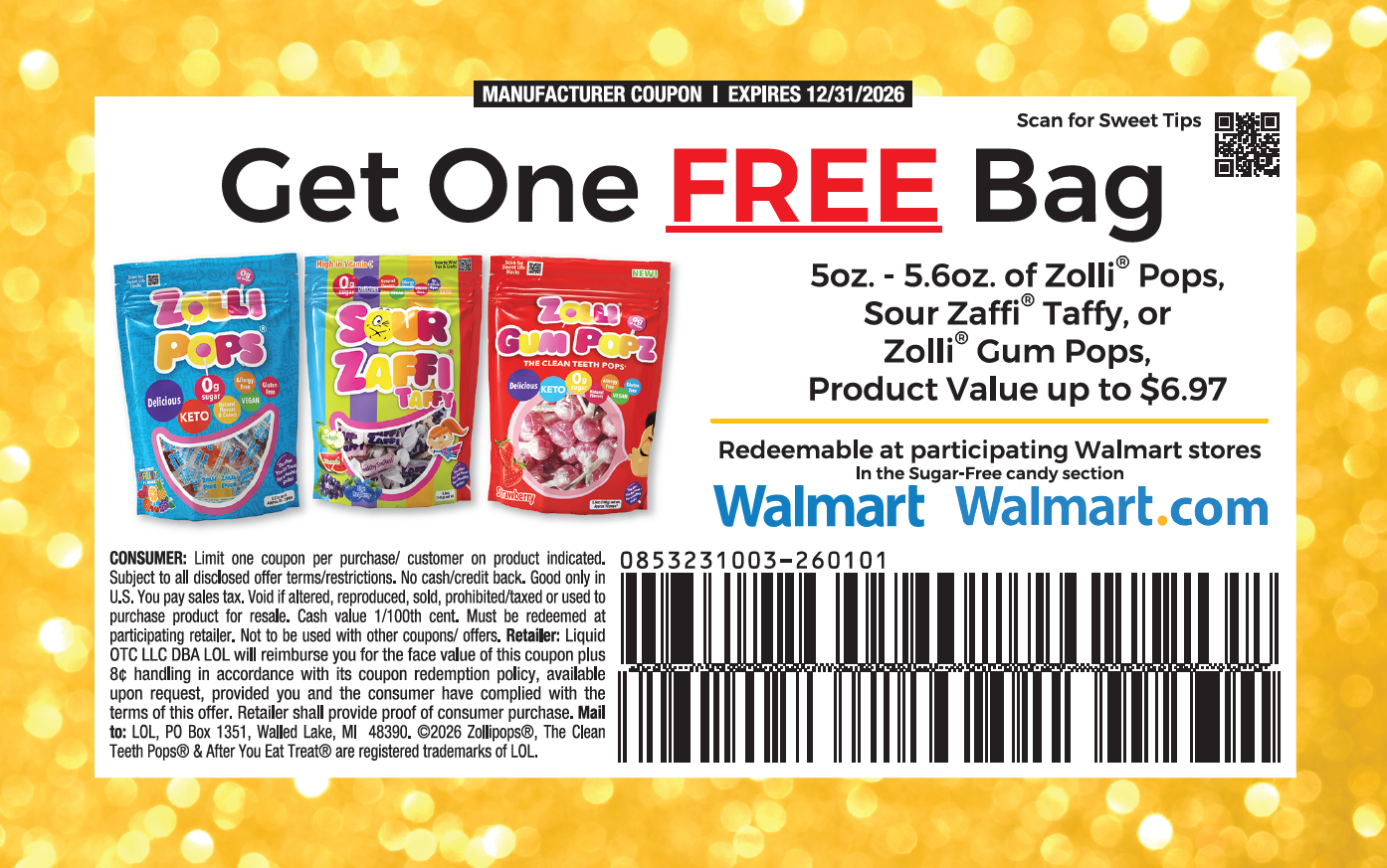 Walmart coupon for Zolli products on a yellow background with blurred lights