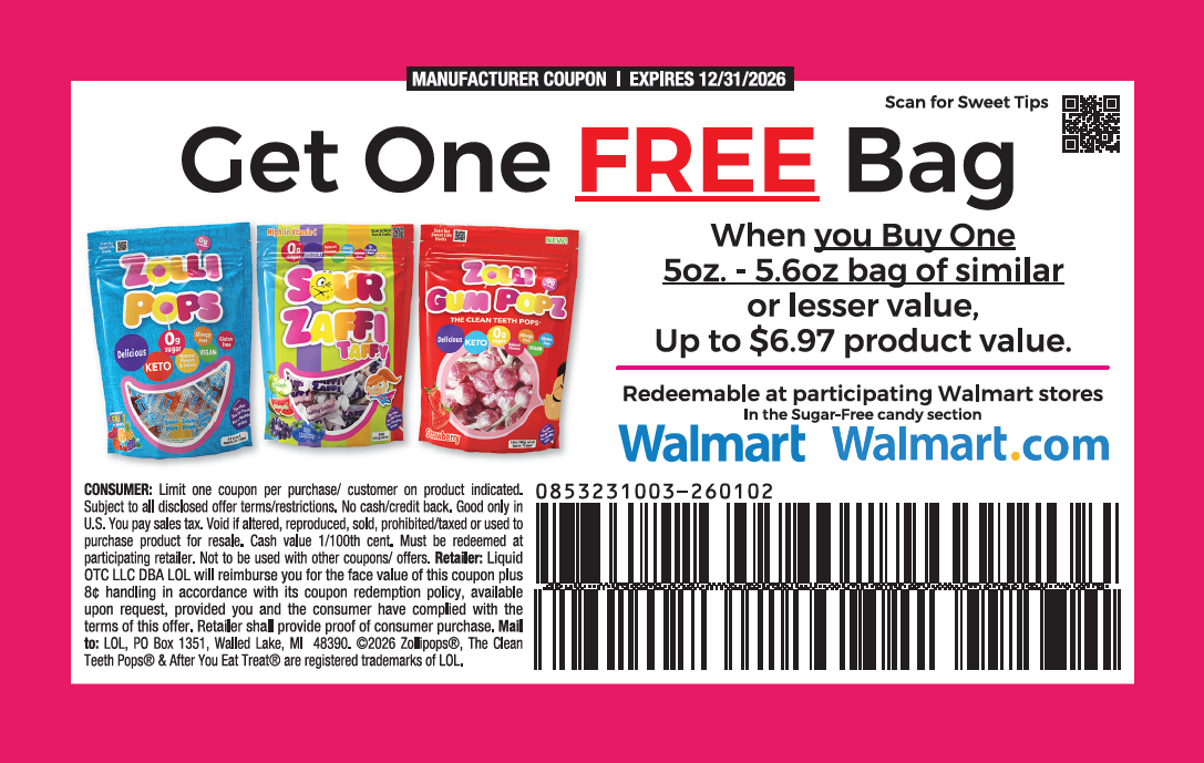 Walmart candy coupon with colorful candy packages on a pink background