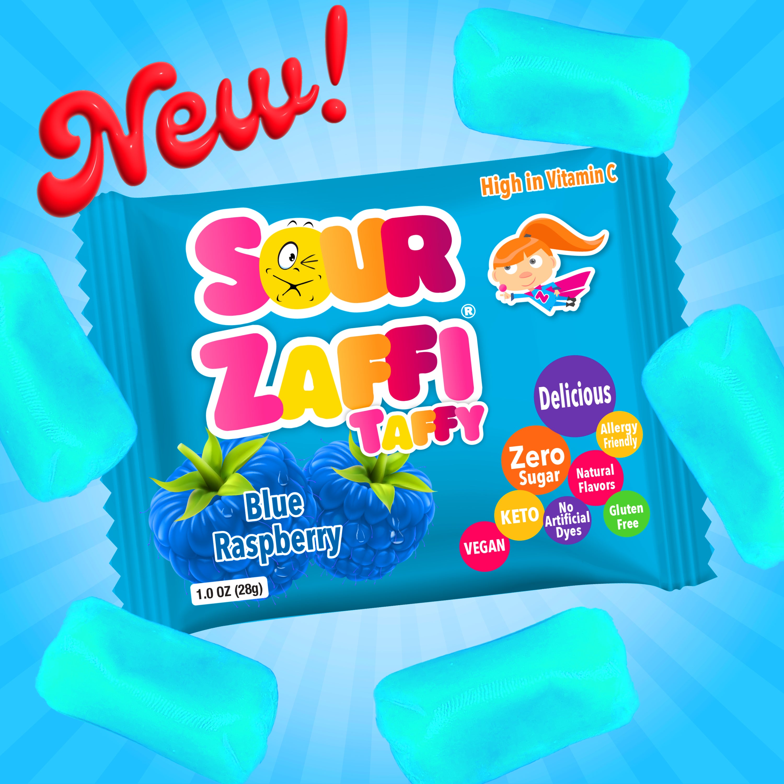 Zolli Sour Zaffy Taffy 1oz bar in Blue Raspberry flavor.