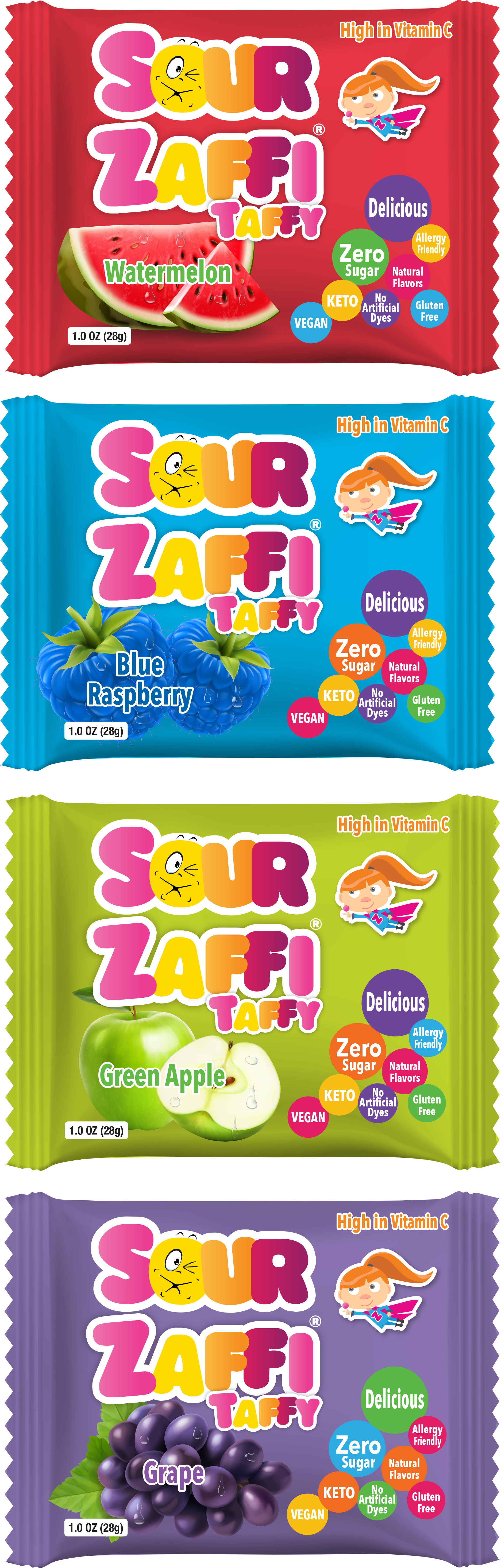 New! Zolli SOUR Zaffi Taffy- 4 1 oz. Bars