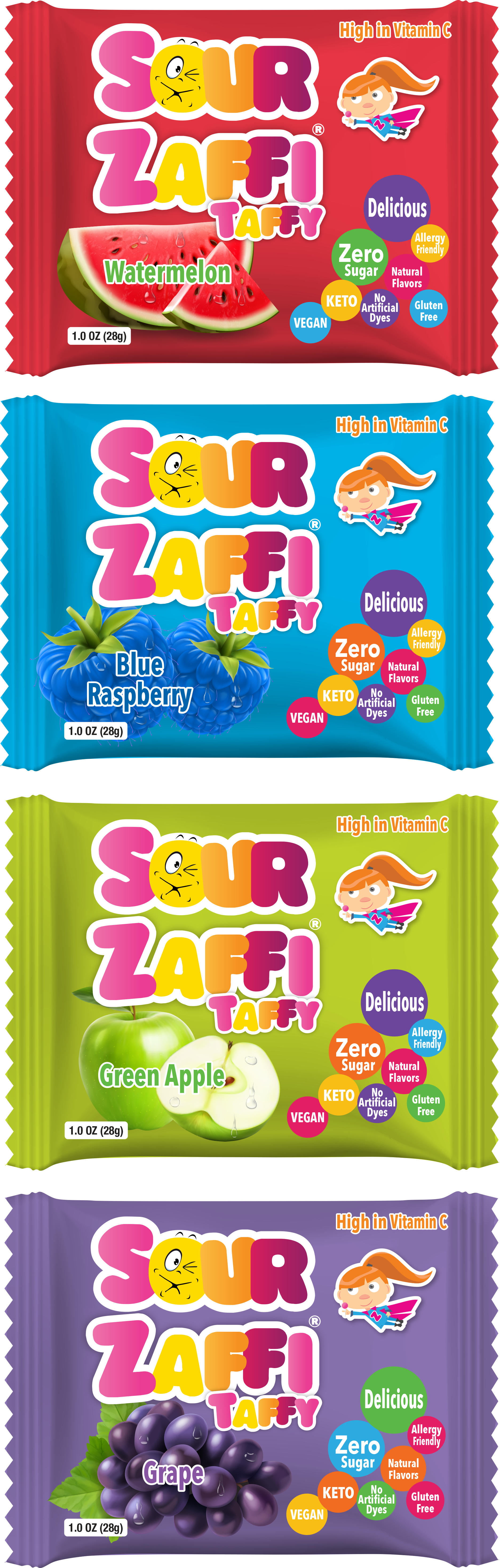 4 pack of Sour Zaffy Taffy 1oz bars. Each bar is 45 calories and zero sugar.