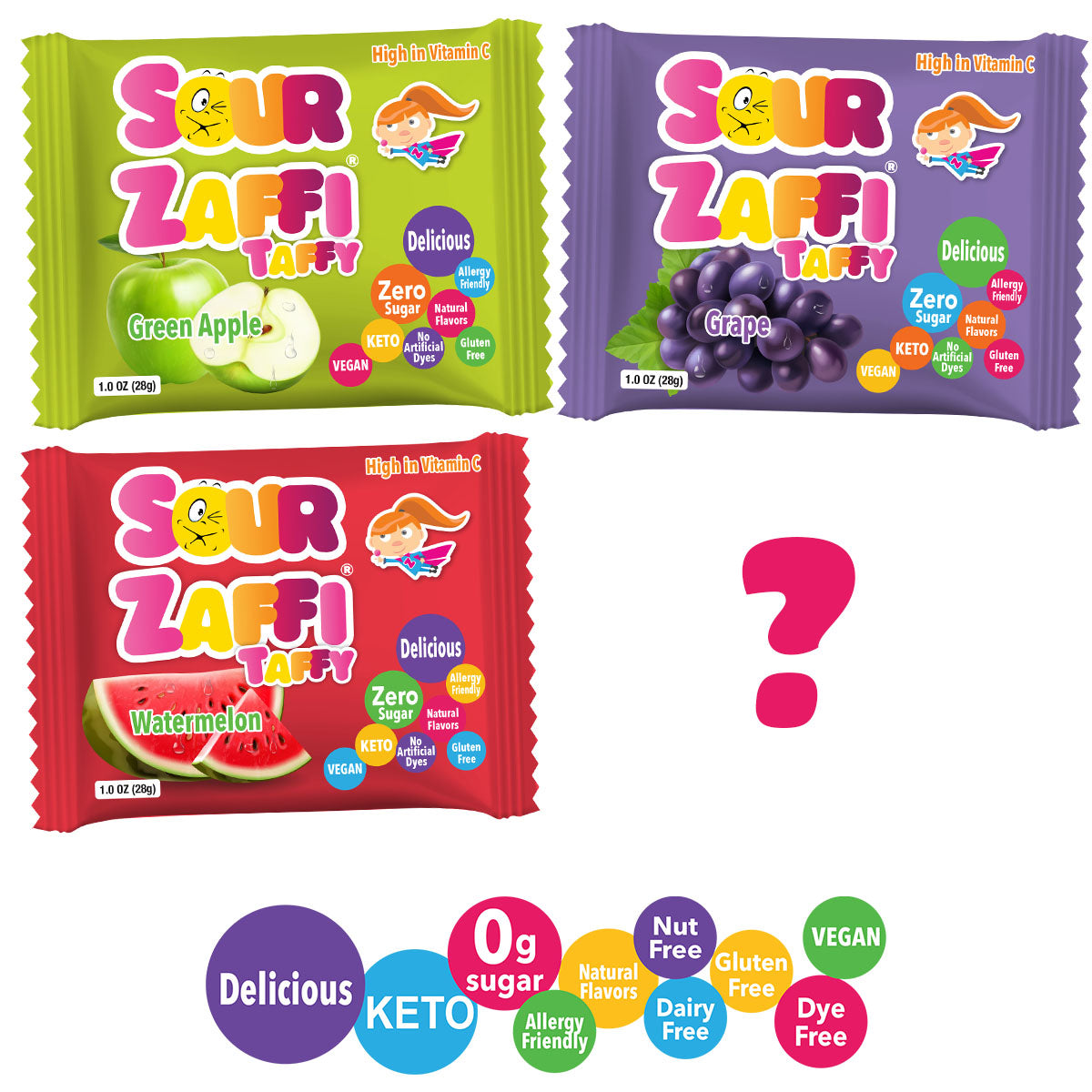 Zolli Sour Zaffy Taffy 4 pack bundle with Grape, Green Apple, and Watermelon flavors.