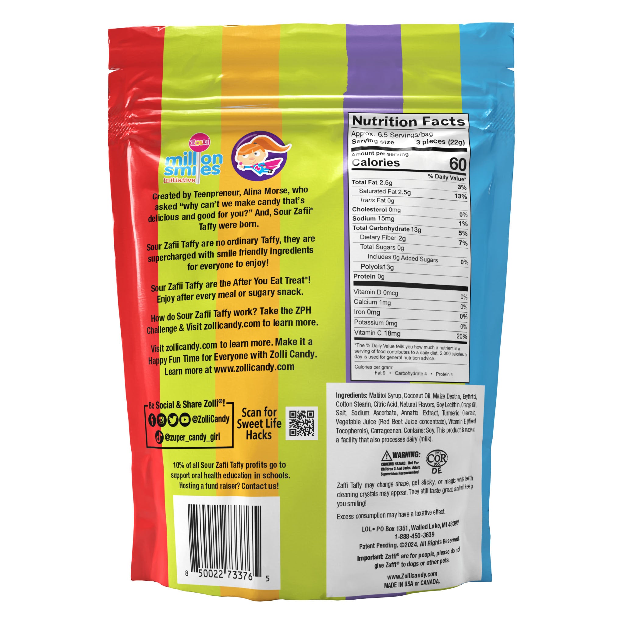 Back of 5 oz bag of sour Zaffi Taffy showing Nutrition Facts and Ingredients.